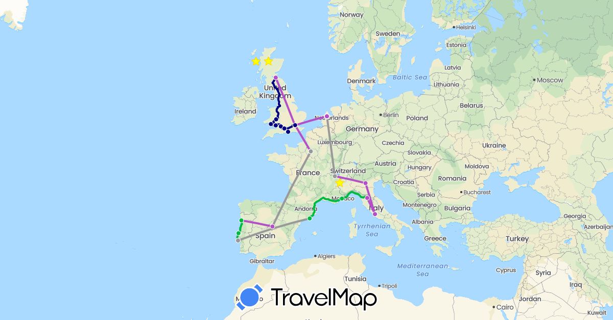 TravelMap itinerary: driving, bus, plane, train in Switzerland, Spain, France, United Kingdom, Italy, Netherlands, Portugal (Europe)